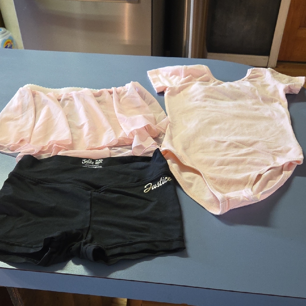 Justice Kids Pink Ballet Leotard & Skirt with Black Dance Shorts
